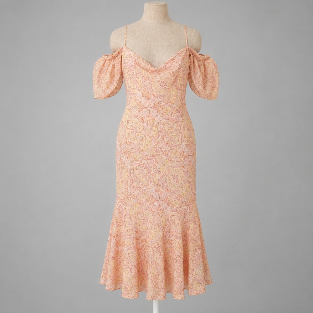 Vintage Y2K Express 100% Silk Cowl Neck Maxi Dress Size 8 Paisley Fairy Ethereal